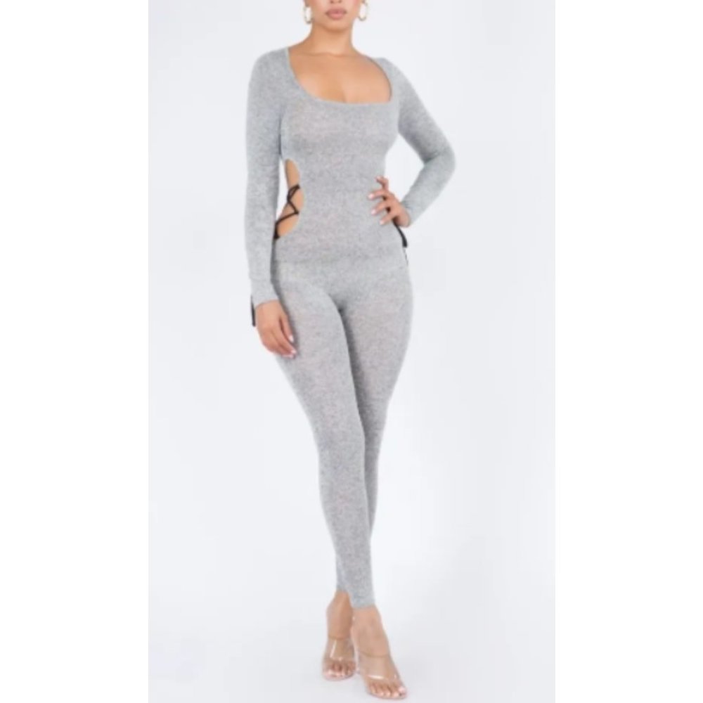 NWT Gray Scoop Neck Long Sleeves Cut Out Lace up Skinny My Side Piece Jumpsuit